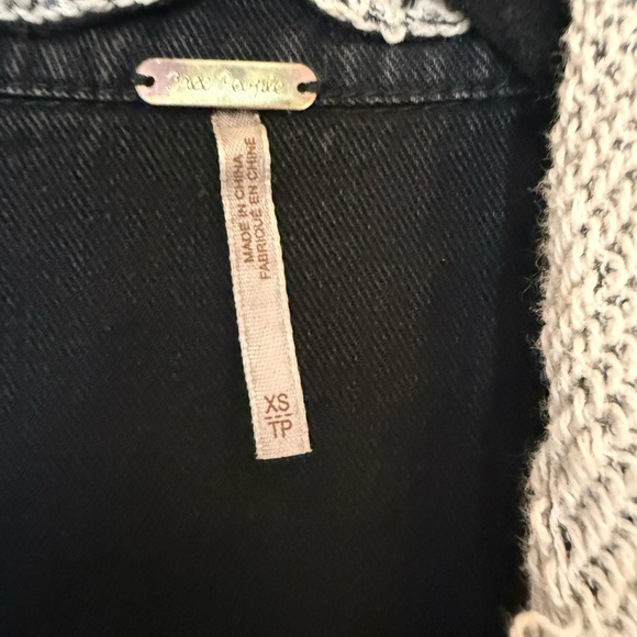 Free People Distressed Black Denim Jacket with Grey Knit Sleeves & Hood in XS - Picture 11 of 12